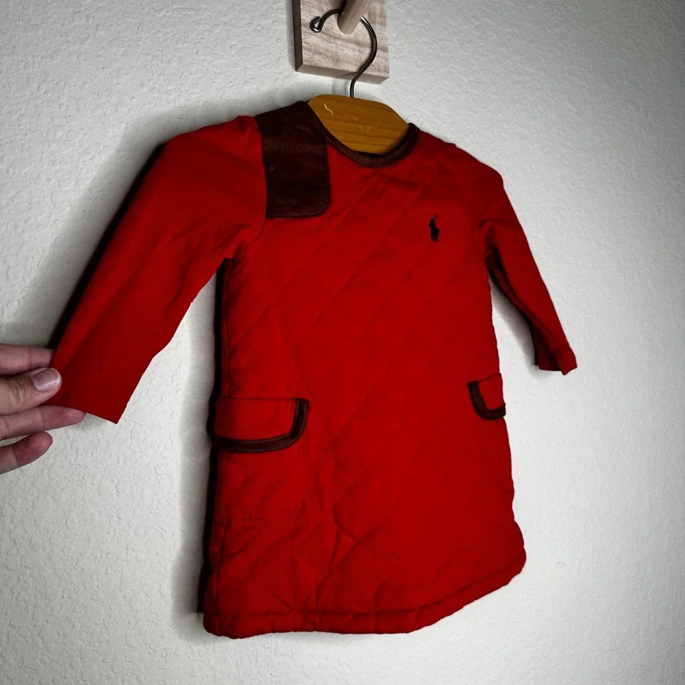 Ralph Lauren Baby Girl Red Quilted Equestrian Dress Brown Trim 6M Long Sleeve